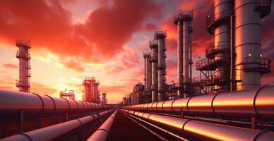 Industrial oil refinery area, detail of steel oil pipeline equipment, oil and gas storage - AI generated image photo