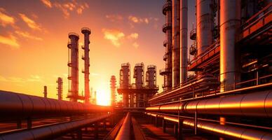 Industrial oil refinery area, detail of steel oil pipeline equipment, oil and gas storage - AI generated image photo