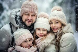 contento familia en invierno Días festivos ai generado foto