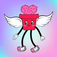 Groovy Valentines day Romantic Cactus with Wings. Cute Angel and funny characters. Retro valentines day. 70s 60s aesthetics. Happy Cartoon Smile, Walking Character vector