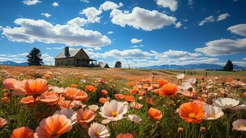 un campo de amapolas con un azul cielo en el antecedentes ai generativo foto