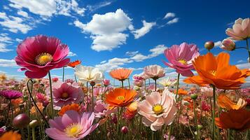 a field of poppies with a blue sky in the background AI Generative photo