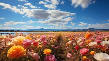 a field of poppies with a blue sky in the background AI Generative photo