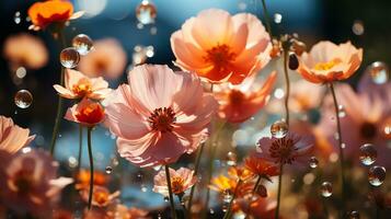 a field of poppies with a blue sky in the background AI Generative photo