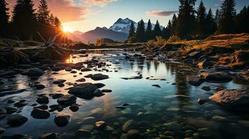 a beautiful sunset over a waterfall photo