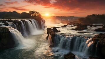 a beautiful sunset over a waterfall photo