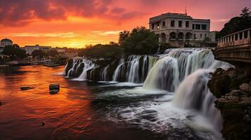 the sun sets over a waterfall in the middle of a river AI Generative photo