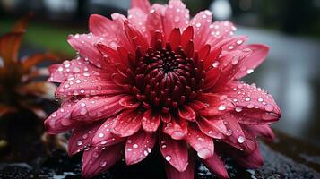 un rosado flor con agua gotas en eso ai generativo foto