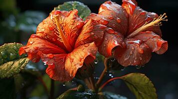 un rosado flor con agua gotas en eso ai generativo foto