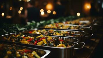 un hombre servicio comida en un buffet mesa ai generativo foto