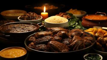 un hombre servicio comida en un buffet mesa ai generativo foto