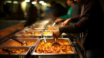 a man serving food on a buffet table AI Generative photo