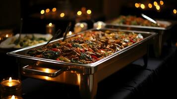 un hombre servicio comida en un buffet mesa ai generativo foto