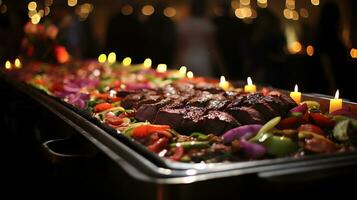 un hombre servicio comida en un buffet mesa ai generativo foto