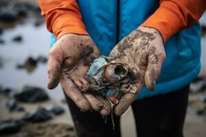 A close up of a volunteer's hand holding a piece of trash. Generative AI photo