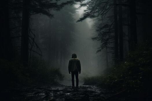 Overwhelmed in Dark Forest. Generative AI photo