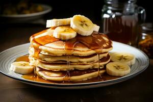 Fluffy Banana Pancakes with Syrup. Generative AI photo