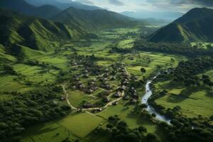 Remote Village in Green Valley. Generative AI photo