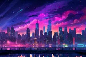 Vibrant Neon City Skyline. Generative AI photo