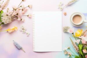 Spring journaling setup mockup with pastel stationery. Generative AI photo