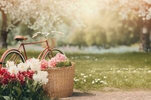 Outdoor spring mockup featuring a bicycle, flowers. Generative AI photo