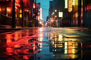 Reflecting Neon Signs on Rainy Street. Generative AI photo