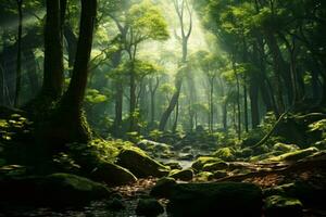 un cerca arriba de un lozano bosque bañado en luz de sol. generativo ai foto