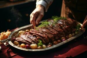 Person cutting a large roast beef. Generative AI photo