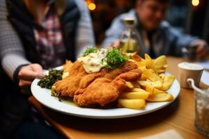 White plate topped with fried fish and potatoes. Generative AI photo