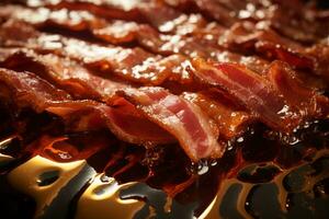 A close up of sizzling bacon. Generative AI photo