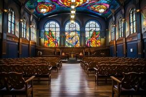 Iglesia con manchado vaso ventanas y bancos generativo ai foto