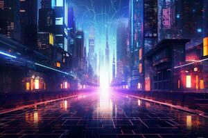 Vibrant and illuminated futuristic cityscape at night. Generative AI photo