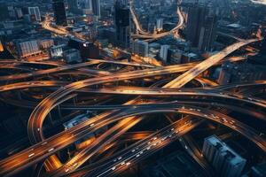Aerial shot advanced infrastructure of a futuristic city. Generative AI photo