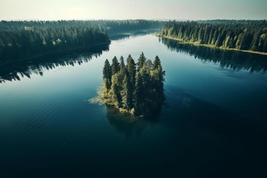 Aerial shot of a tranquil lake. Generative AI photo