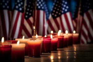 An American flag gently draped over a row of memorial candles. Generative AI photo