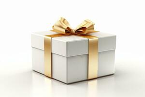 White gift box with gold ribbon and a bow. Generative AI photo
