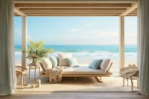 Living room with a couch a table and some chairs. Generative AI photo