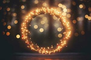 Blurry bokeh lights on Christmas wreath. Generative AI photo