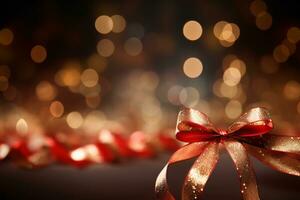 Bokeh lights with festive red ribbons. Generative AI photo