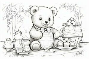 Cute teddy bear sitting in front of a delicious cake. Generative AI photo