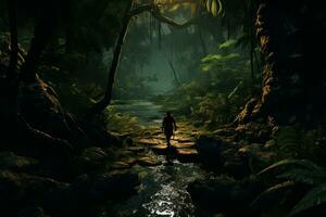 A player's character navigating through a dense jungle. Generative AI photo