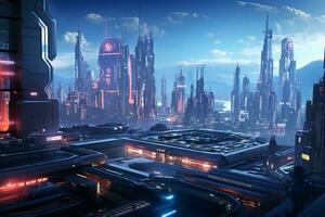 Cinematic scene showcasing the grandeur of a virtual cityscape. Generative AI photo