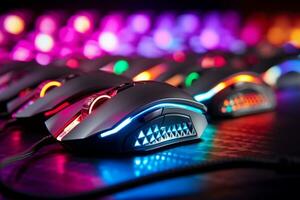 Close ups of RGB lit gaming mouse. Generative AI photo