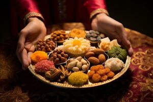 Person holding a plate full of nuts. Generative AI photo
