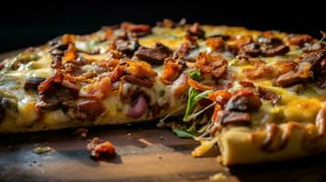 Greasy and cheesy slice of bacon and mushroom pizza. Generative AI photo
