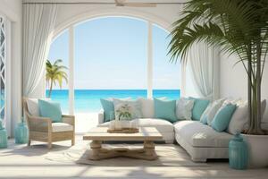 Coastal elegance captured in a beach house scene. Generative AI photo