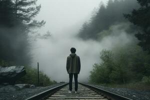Conceptual image of a person looking into a foggy distance. Generative AI photo