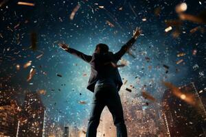 Jumping Amidst Falling Confetti for New Year's. Generative AI photo