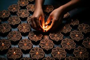 Someone arranging clay diyas. Generative AI photo