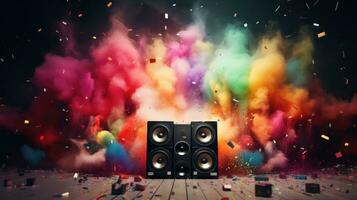 Creative audio speakers pulsating and emitting colorful particles. Generative AI photo